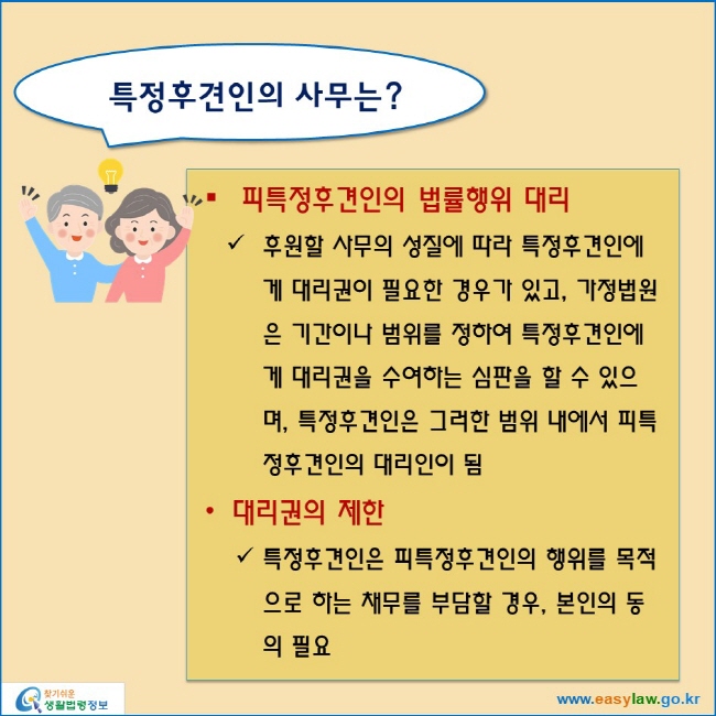 특정후견인의 사무는?
피특정후견인의 법률행위 대리
후원할 사무의 성질에 따라 특정후견인에게 대리권이 필요한 경우가 있고, 가정법원은 기간이나 범위를 정하여 특정후견인에게 대리권을 수여하는 심판을 할 수 있으며, 특정후견인은 그러한 범위 내에서 피특정후견인의 대리인이 됨
대리권의 제한
특정후견인은 피특정후견인의 행위를 목적으로 하는 채무를 부담할 경우, 본인의 동의 필요
